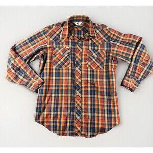 VTG Chute #1 Western L/S Shirt Pearl Snap Mens L Plaid Blue Orange Rodeo 70s EUC